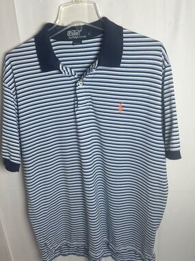 Polo by Ralph Lauren Navy & Light Blue Striped Polo with Orange Pony